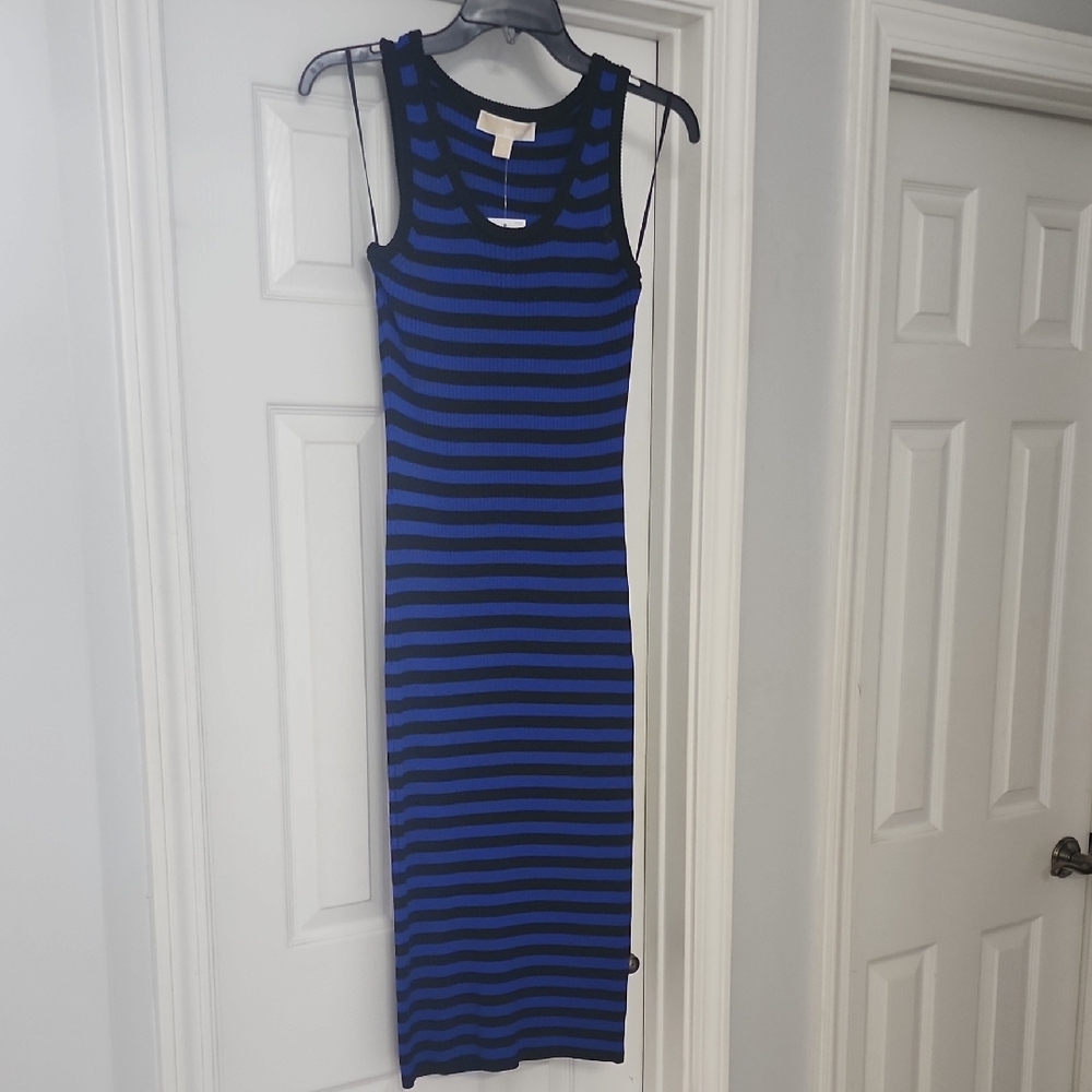 Michael Kors Blue and Black Striped Midi Dress